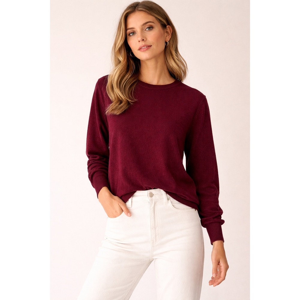 Cashmere Blend Sweater Burgundy Crewneck Lightweight Soft Knit Large